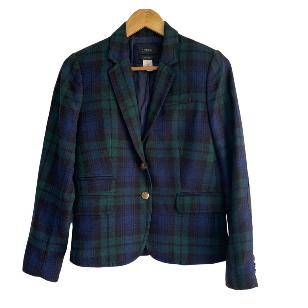 J. Crew Green Blue Plaid Tartan Schoolboy Blazer Size 4 Elbow Patches